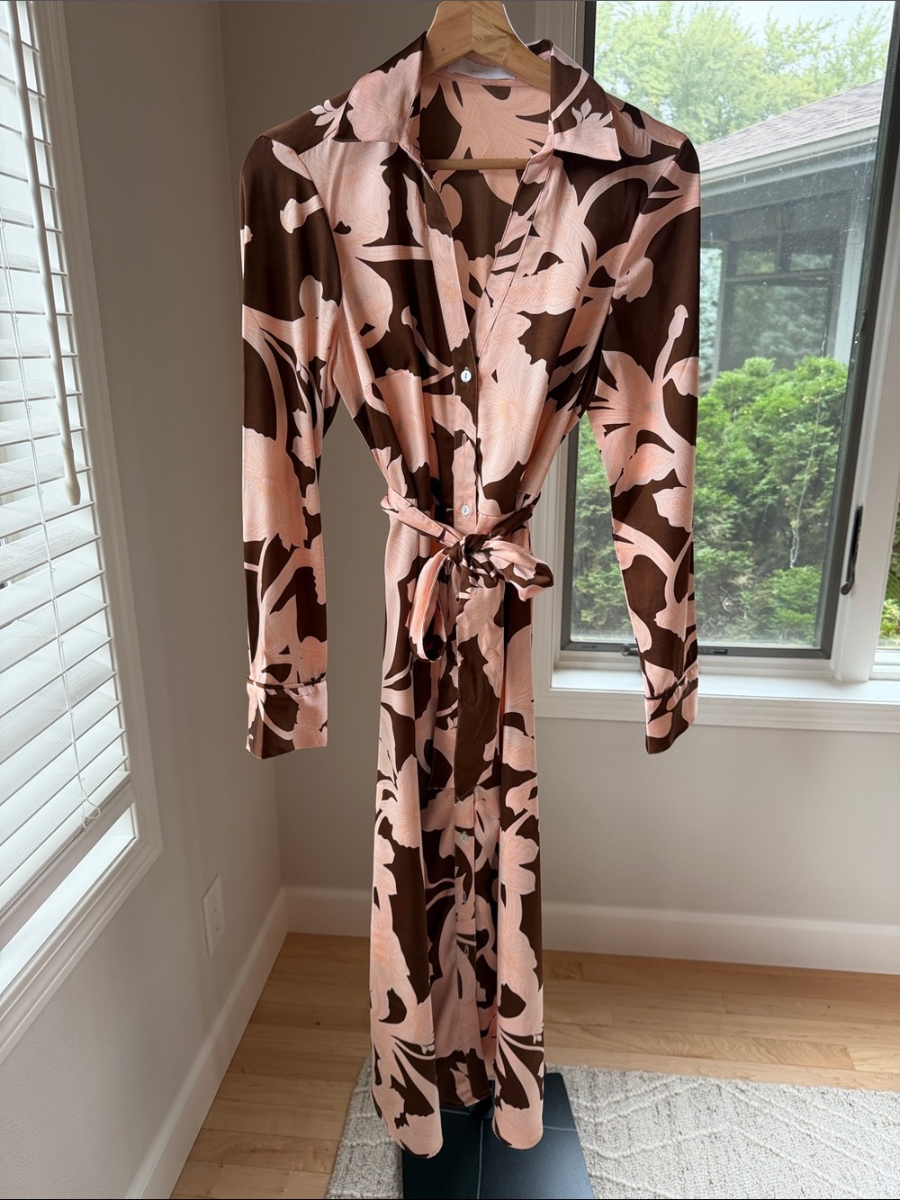 Mango Long Sleeve Floral Shirt Dress in Brown and Pink